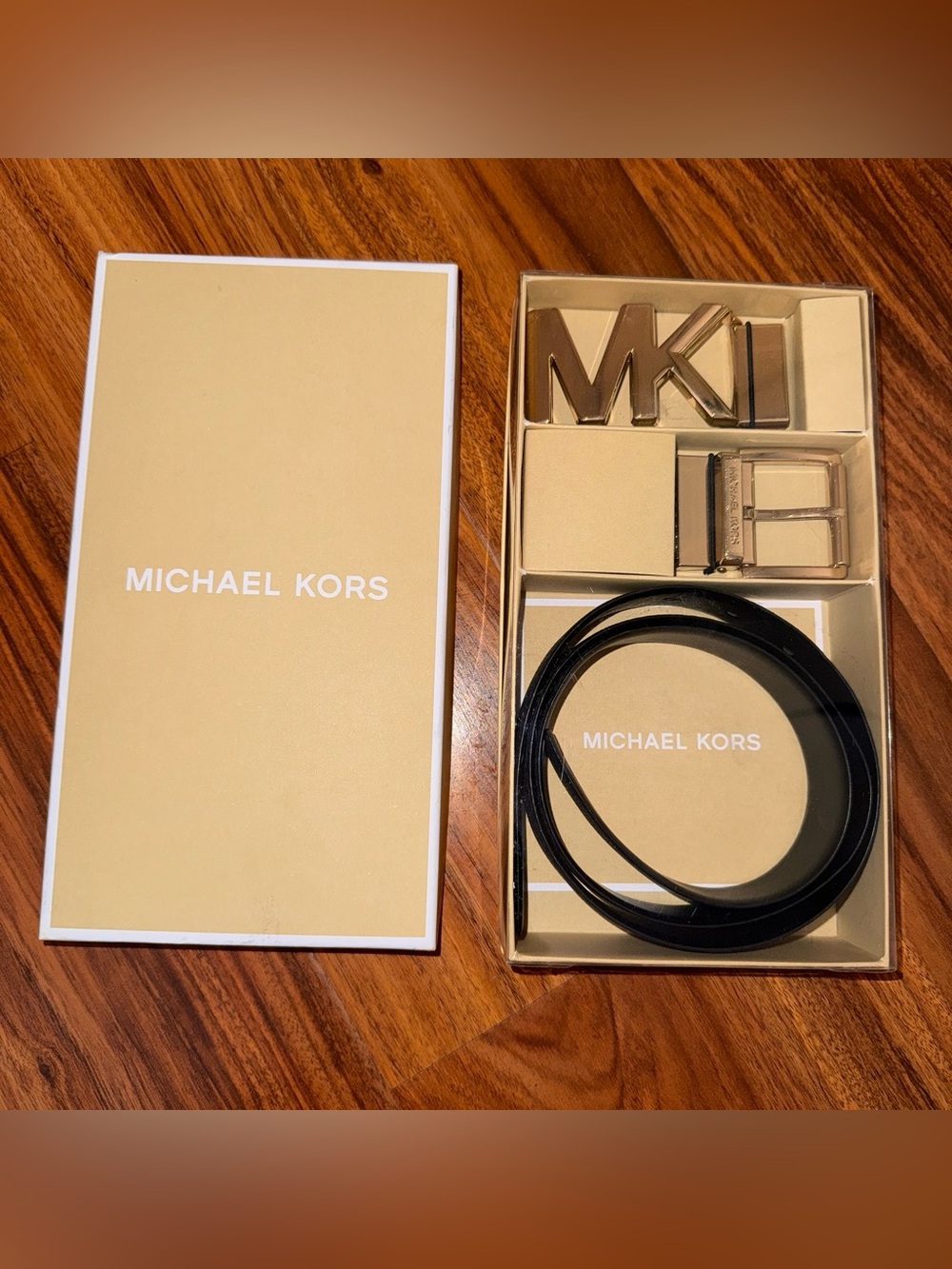 Michael Kors Black Leather Belt with Gold MK Buckle Set